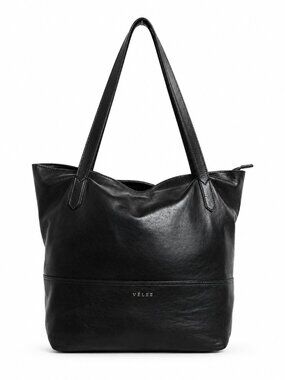Velez Black Leather Tote Large Minimalist Shoulder Bag Zipper Top